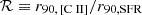 $ \mathcal{R} \equiv r_{90,\,[\mathrm{C}{\small { {\text{ II}}}}]}/r_{90, \mathrm{SFR}} $