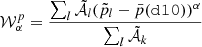 $$ {\cal {{W}}}_\alpha ^p =\frac {\sum _l{\tilde {{\cal {{A}}}}}_l({\tilde {p}}_l-\bar {p}({{\tt{d10}}}{}))^\alpha }{\sum _l {\tilde {{\cal {{A}}}}}_k} $$
