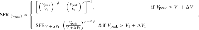 $$ \begin{aligned} \mathrm{SFR}|_{({V_{\rm peak}})} \propto {\left\{ \begin{array}{ll} \left[ \left( \frac{V_{\rm peak}}{V_{1}}\right)^{-\beta } + \left( \frac{V_{\rm peak}}{V_{1}}\right)^{\gamma } \right]^{-1},&\mathrm{if}\ V_{\rm peak} \le V_{1}+\Delta V_1\\&\\ \mathrm{SFR}_{V_{1}+\Delta V_1} \left.\ \left( \frac{V_{\rm peak}}{V_{1}+\Delta V_1}\right)^{\gamma + \Delta \gamma } \ \right.\&\mathrm{if}\ V_{\rm peak} > V_{1}+\Delta V_1 \end{array}\right.} ,\end{aligned} $$