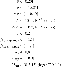 $$ \begin{aligned} \beta&\in [0,20]\nonumber \\ \gamma&\in [-15,25] \nonumber \\ \Delta \gamma&\in [-10,10] \nonumber \\ V_1&\in [10^{1.8},10^{3.2}]\,\mathrm{(km/s)} \nonumber \\ \Delta V_1&\in [10^{0.2},10^{1.9}]\,\mathrm{(km/s)} \nonumber \\ \sigma&\in [0,2] \\ f_{k,\mathrm{(cen+sat)/2}}&\in [-1,1] \nonumber \\ f_{k,\mathrm{(cen-sat)/2}}&\in [-1,1] \nonumber \\ \alpha _0&\in [0,8] \nonumber \\ \alpha _{\rm exp}&\in [-8,8] \nonumber \\ M_{\rm crit}&\in [8.5,15] \ (\log (h^{-1}\,\mathrm{M}_{\odot })), \end{aligned} $$