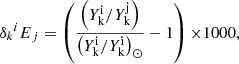 $$ \begin{aligned} \delta _{k}{^iE}_j = \left(\frac{\left( Y_{\mathrm{k} }^{\mathrm{i} }/Y_{\mathrm{k} }^{\mathrm{j} } \right)}{\left(Y_{\mathrm{k} }^{\mathrm{i} }/Y_{\mathrm{k} }^{\mathrm{i} } \right)_{\rm \odot } } -1 \right) {\times 1000}, \end{aligned} $$
