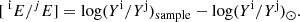 $$ \begin{aligned}{[{\ }^{\mathrm i}E/^{j}E]} = \log (Y^{\mathrm{i} }/Y^{\mathrm{j} })_{\mathrm{sample} } - \log (Y^{\mathrm{i} }/Y^{\mathrm{j} })_{\rm \odot }. \end{aligned} $$