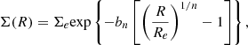 $$ \begin{aligned} \Sigma (R) = \Sigma _e\mathrm{exp}\left\{ -b_n \left[\left(\frac{R}{R_e} \right)^{1/n}-1 \right] \right\} , \end{aligned} $$