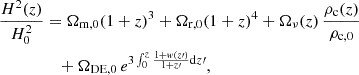 $$ \begin{aligned} \frac{H^2(z)}{H_0^2}&= \Omega _{\rm m,0} (1 + z)^3 + \Omega _{\rm r,0} (1 + z)^4+ \Omega _\nu (z)\,\frac{\rho _{\rm c} (z)}{\rho _{\rm c, 0}} \nonumber \\&\quad +\Omega _{\rm DE,0} \, e^{3 \int _0^z \frac{1 + w(z{\prime })}{1 + z{\prime }} \mathrm{d}z{\prime }}, \end{aligned} $$