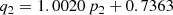 $$ \begin{aligned} q_2&= 1.0020 \, p_2 + 0.7363 \end{aligned} $$