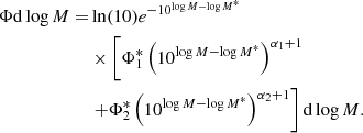 $$ \begin{aligned} \begin{aligned} \Phi \mathrm{d}\log M =&\ln (10) e^{-10^{\log M-\log M^*}}\\&\times \left[\Phi _1^*\left(10^{\log M-\log M^*}\right)^{\alpha _1+1}\right.\\&\left.+\Phi _2^*\left(10^{\log M-\log M^*}\right)^{\alpha _2+1}\right] \mathrm{d}\log M. \end{aligned} \end{aligned} $$