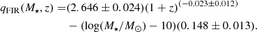 $$ \begin{aligned} \begin{aligned} q_{\rm FIR}(M_{\star },z)=&(2.646\pm 0.024)(1+z)^{(-0.023\pm 0.012)}\\&-(\log ({M_{\star }/M_{\odot })}-10)(0.148\pm 0.013). \end{aligned} \end{aligned} $$