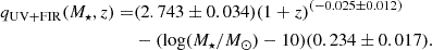$$ \begin{aligned} \begin{aligned} q_{\rm UV + FIR}(M_{\star },z)=&(2.743\pm 0.034)(1+z)^{(-0.025\pm 0.012)}\\&-(\log ({M_{\star }/M_{\odot })}-10)(0.234\pm 0.017). \end{aligned} \end{aligned} $$