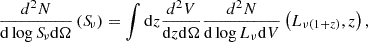 $$ \begin{aligned} \frac{d^2 N}{\mathrm{d}\log {S\!}_\nu \mathrm{d}\Omega }\left({S\!}_\nu \right)=\int \mathrm{d}z \frac{d^2 V}{\mathrm{d}z \mathrm{d}\Omega } \frac{d^2 N}{\mathrm{d}\log L_\nu \mathrm{d}V}\left(L_{\nu (1+z)}, z\right), \end{aligned} $$