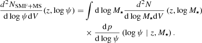 $$ \begin{aligned} \begin{aligned} \frac{d^2 N_{\mathrm{SMF} +\mathrm{MS} }}{\mathrm{d}\log \psi \mathrm{d}V}(z, \log \psi ) =&\int \mathrm{d}\log M_{\star } \frac{d^2 N}{\mathrm{d}\log M_{\star } \mathrm{d}V} \left(z, \log M_{\star }\right)\\&\times \frac{\mathrm{d}p}{\mathrm{d}\log \psi }\left(\log \psi \mid z, M_{\star }\right). \end{aligned} \end{aligned} $$