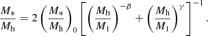 $$ \begin{aligned} \frac{M_*}{M_{\rm h}} = 2\left(\frac{M_*}{M_{\rm h}}\right)_{0}\left[\left(\frac{M_{\rm h}}{M_1}\right)^{-\beta }+\left(\frac{M_{\rm h}}{M_1}\right)^{\gamma }\right]^{-1}. \end{aligned} $$