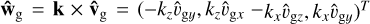 ${\bf{\hat{w}}_{\rm g}}={\bf k}\times {\bf{\hat{v}}_{\rm g}}=(-k_z{\hat{v}_{{\rm g}y}}, k_z{\hat{v}_{{\rm g}x}} - k_x{\hat{v}_{{\rm g}z}}, k_x{\hat{v}_{{\rm g}y}})^T$