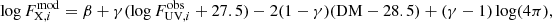 $$ \begin{aligned} \log F_{\mathrm{X},i}^\mathrm{mod}=\beta +\gamma (\log F_{\mathrm{UV},i}^\mathrm{obs}+27.5)-2(1-\gamma )(\mathrm{DM}-28.5)+(\gamma -1)\log (4\pi ), \end{aligned} $$