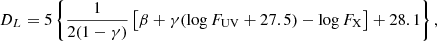 $$ \begin{aligned} D_L = 5\left\{ \frac{1}{2(1-\gamma )} \left[\beta +\gamma (\log {F_{\rm UV}}+27.5)-\log {F_{\rm X}}\right]+28.1\right\} , \end{aligned} $$