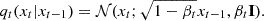 $$ q_{t}(x_{t}|x_{t-1}) = {\cal {{N}}}(x_{t};\sqrt {1-\beta _{t}}x_{t-1},\beta _{t}{{\textbf{I}}}). $$