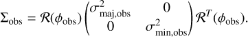 $\Sigma_{\text {obs}}=\mathcal{R}\left(\phi_{\text {obs}}\right)\left(\begin{array}{cc}\sigma_{\text {maj,obs}}^{2} & 0 \\ 0 & \sigma_{\text {min,obs}}^{2}\end{array}\right) \mathcal{R}^{T}\left(\phi_{\text {obs}}\right).$