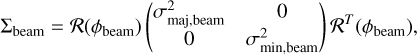 $\Sigma_{\text {beam}}=\mathcal{R}(\phi_{\text {beam}})\left(\begin{array}{cc}\sigma_{\text {maj,beam}}^{2} & 0 \\ 0 & \sigma_{\text {min,beam}}^{2}\end{array}\right) \mathcal{R}^{T}(\phi_{\text {beam}}),$