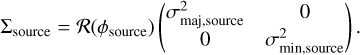 $\Sigma_{\text {source}}=\mathcal{R}\left(\phi_{\text {source}}\right)\left(\begin{array}{cc}\sigma_{\text {maj,source}}^{2} & 0 \\ 0 & \sigma_{\text {min,source}}^{2}\end{array}\right).$