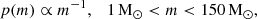 $$ \begin{aligned} p(m) \propto m^{-1}, \quad 1\,\mathrm{M}_\odot < m < 150\,\mathrm{M}_\odot , \end{aligned} $$