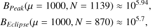 $B_{Peak}(\mu=1000, N=1139) &\approx 10^{5.94}, \\ B_{Eclipse}(\mu=1000, N=870) &\approx 10^{5.7},