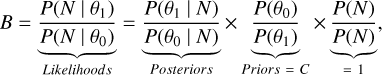 $B = \underbrace{\frac{P(N~|~\theta_1)}{P(N~|~\theta_0)}}_{Likelihoods} = \underbrace{\frac{P(\theta_1~|~N)}{P(\theta_0~|~N)}}_{Posteriors} \times \underbrace{\frac{P(\theta_0)}{ P(\theta_1)}}_{Priors \ = \ C} \times \underbrace{\frac{P(N)}{P(N)}}_{= \ 1},
