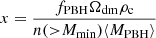$$ \begin{aligned} x = \frac{f_{\rm PBH} \Omega _{\rm dm} \rho _{\rm c}}{n({>}M_{\rm min})\langle M_{\rm PBH}\rangle } \end{aligned} $$