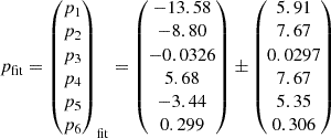 $$ \begin{aligned} p_{\rm fit} = \begin{pmatrix} p_1 \\ p_2 \\ p_3 \\ p_4 \\ p_5 \\ p_6 \end{pmatrix}_{\rm fit} = \begin{pmatrix} -13.58 \\ -8.80 \\ -0.0326 \\ 5.68 \\ -3.44 \\ 0.299 \end{pmatrix} \pm \begin{pmatrix} 5.91 \\ 7.67 \\ 0.0297 \\ 7.67 \\ 5.35 \\ 0.306 \end{pmatrix} \end{aligned} $$