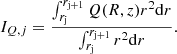 $$ \begin{aligned} I_{Q,j}= \frac{\int _{r_{\mathrm{j} }}^{r_{\mathrm{j + 1} }} Q(R, z) r^2 \mathrm{d} r}{\int _{r_{\mathrm{j} }}^{r_{\mathrm{j + 1} }} r^2 \mathrm{d} r}. \end{aligned} $$