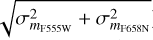 $\sqrt{\sigma_{m_{\mathrm{F555W}}}^{2}+\sigma_{m_{\mathrm{F658N}}}^{2}}$