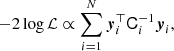 $$ \begin{aligned} -2\log {\mathcal{L} } \propto \sum _{i=1}^{N}\boldsymbol{y}^{\top }_i \mathbf{\mathsf C}_{i}^{-1}\boldsymbol{y}_i, \end{aligned} $$