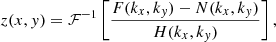 $$ \begin{aligned} z(x, y) = \mathcal{F} ^{-1}\left[\frac{F(k_x, k_y) - N(k_x, k_y)}{H(k_x, k_y)}\right], \end{aligned} $$