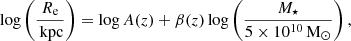 $$ \begin{aligned} \log \left(\frac{R_{\rm e}}{{\,\mathrm{kpc}}}\right)=\log A(z) +\beta (z)\log \left(\frac{{M_\star }}{5\times 10^{10}\,{\mathrm{M}_\odot }}\right), \end{aligned} $$