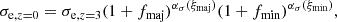 $$ \begin{aligned} {\sigma _{\mathrm{e},z=0}} ={\sigma _{\mathrm{e},z=3}}(1+{f_{\rm maj}})^{{{\alpha _\sigma }}({\xi _{\rm maj}})}(1+{f_{\rm min}})^{{{\alpha _\sigma }}({\xi _{\rm min}})}, \end{aligned} $$