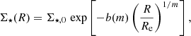 $$ \begin{aligned} {\Sigma _\star }(R)={\Sigma _{\star ,0}}\,\exp \left[-b(m)\left(\frac{R}{R_{\rm e}}\right)^{1/m}\right], \end{aligned} $$