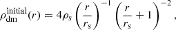$$ \begin{aligned} {\rho _{\rm dm}^\mathrm{initial}} (r)=4{\rho _{\rm s}}\left(\frac{r}{{r_{\rm s}}}\right)^{-1}\left(\frac{r}{{r_{\rm s}}}+1\right)^{-2}, \end{aligned} $$