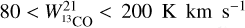 $80 &lt; W_{{{13}_{{\rm{CO}}}}}^{21} &lt; 200{\rm{ K km }}{{\rm{s}}^{ - 1}}\$