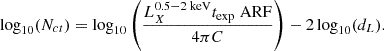 $$ \begin{aligned} \log _{10}(N_{ct}) = \log _{10}\left(\frac{ L^{0.5{-}2\; \mathrm{keV}}_X t_{\rm exp} \; \mathrm{ARF}}{4\pi C } \right) - 2 \log _{10}(d_L) . \end{aligned} $$