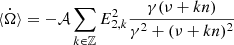 $$ \begin{aligned} \langle \dot{\Omega }\rangle = -\mathcal{A} \sum _{k \in \mathbb{Z} } E_{2,k}^2\frac{\gamma (\nu +kn)}{\gamma ^2+(\nu +kn)^2} \end{aligned} $$