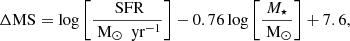 $$ \begin{aligned} \Delta \mathrm{MS} = \log \left[ \frac{\text{ SFR}}{\text{ M}_\odot ~ \text{ yr}^{-1}} \right] - 0.76 \log \left[ \frac{M_\star }{\text{ M}_\odot } \right] + 7.6, \end{aligned} $$