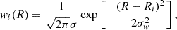 $$ \begin{aligned} w_i(R) = \frac{1}{\sqrt{2\pi }\sigma } \exp \left[- \frac{(R - R_i)^2}{2 \sigma _w^2}\right], \end{aligned} $$