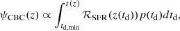 $$ \begin{aligned} {\psi }_{\rm CBC}(z) \propto \int _{t_{\rm d,min}}^{t(z)} \mathcal{R} _{\rm SFR}(z(t_{\rm {d}}))p(t_{\rm {d}}) dt_{\mathrm{d}}, \end{aligned} $$