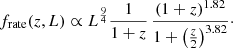 $$ \begin{aligned} f_{\rm rate}(z,L) \propto L^{\frac{9}{4}}\frac{1}{1+z}\,\frac{(1+z)^{1.82}}{1+\left(\frac{z}{2}\right)^{3.82}}\cdot \end{aligned} $$