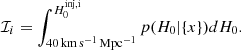 $$ \begin{aligned} \mathcal{I} _i = \int _{40 \,\mathrm{{km\,s^{-1}\,Mpc^{-1}}}}^{H^\mathrm{inj,i}_0} p(H_0|\{x\}) dH_0. \end{aligned} $$