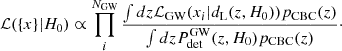 $$ \begin{aligned} \mathcal{L} (\{x\}|H_0) \propto \prod _i^{N_{\rm GW}} \frac{\int dz \mathcal{L} _{\rm GW}(x_i|d_{\rm L}(z,H_0))p_{\rm CBC}(z)}{\int dz P_{\rm det}^\mathrm{GW}(z, H_0)p_{\rm CBC}(z)}\cdot \end{aligned} $$