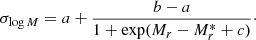 $$ \sigma _{\log M} = a + \frac {b-a}{1 + \exp (M_r-M^*_r+c)}\cdot $$