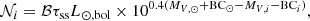 $$ \begin{aligned} \mathcal{N} _i = \mathcal{B} \tau _{\rm ss}L_{\odot ,\mathrm{bol}}\times 10^{0.4(M_{V,\odot } + \mathrm{BC}_\odot - M_{V,i} - \mathrm{BC}_i)}, \end{aligned} $$