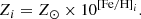$$ \begin{aligned} Z_i = Z_\odot \times 10^{\mathrm{[Fe/H]}_i}. \end{aligned} $$