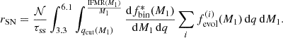 $$ \begin{aligned} r_{\rm SN} = \frac{\mathcal{N} }{\tau _{\rm ss}}\int _{3.3}^{6.1}\int _{q_{\rm cut}(M_1)}^{\frac{\mathrm{IFMR}(M_1)}{M_1}}\frac{\mathrm{d}f_{\rm bin}^*(M_1)}{\mathrm{d}M_1\,\mathrm{d}q}\sum _i f_{\rm evol}^{(i)}(M_1)\,\mathrm{d}q\,\mathrm{d}M_1. \end{aligned} $$