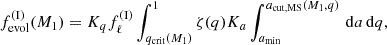 $$ \begin{aligned} f_{\rm evol}^{\mathrm{(I)}}(M_1) = K_qf_\ell ^{\mathrm{(I)}}\int _{q_{\rm crit}(M_1)}^1\zeta (q)K_a\int _{a_{\rm min}}^{a_{\rm cut,MS}(M_1,q)}\,\mathrm{d}a\,\mathrm{d}q, \end{aligned} $$