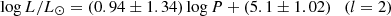 $$ \log L/L_\odot = (0.94\pm 1.34)\log P + (5.1\pm 1.02)\quad (l = 2) $$